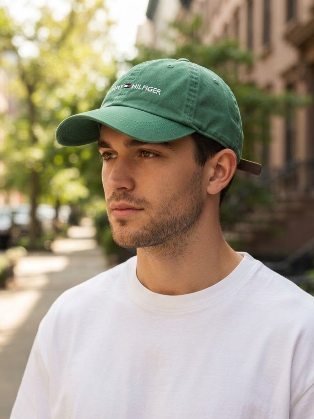 Tommy Hilfiger Green Cotton Baseball Cap Adjustable Leather Strap Logo Hat
